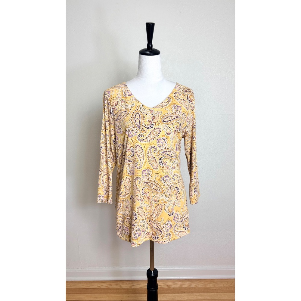 J. Jill Yellow Paisley 100% Pima Cotton 3/4 Sleeve V-Neck Top Size Large Boho